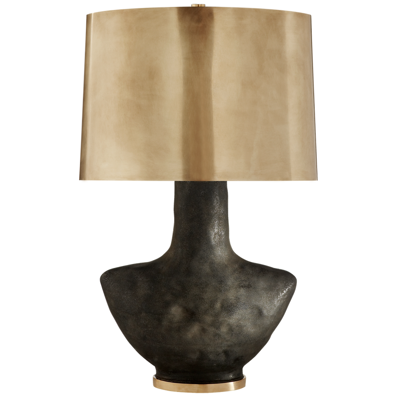 Armato Small Table Lamp in Stained Black Metallic Ceramic with Oval Antique-Burnished Brass Shade