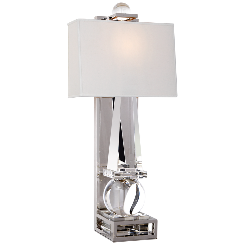 Paladin Tall Obelisk Sconce in Crystal and Polished Nickel with Natural Percale Shade