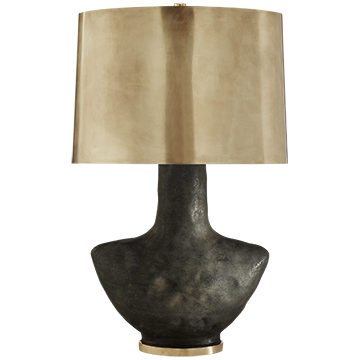 Armato Small Table Lamp in Stained Black Metallic Ceramic with Oval Antique-Burnished Brass Shade